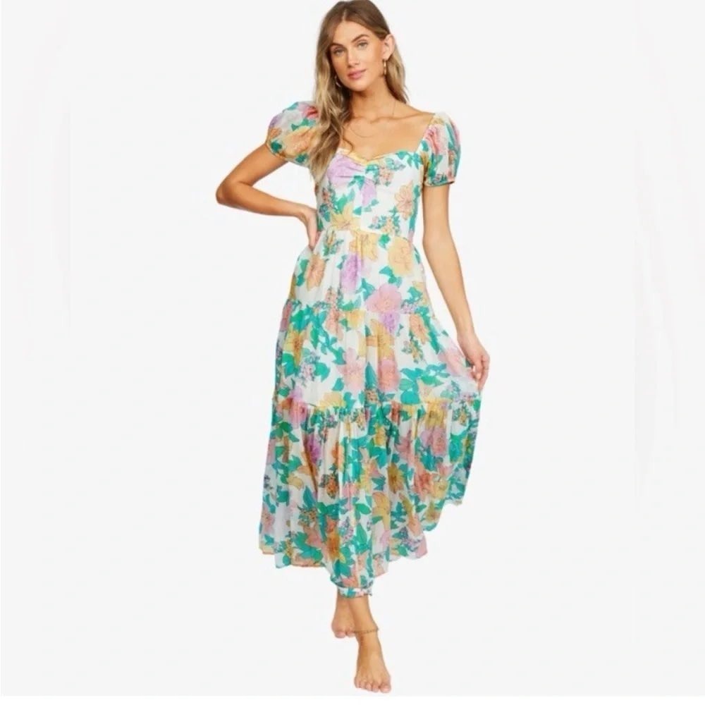 Billabong Sunrise Maxi Dress Womens L Multi Floral Smocked Tiered New